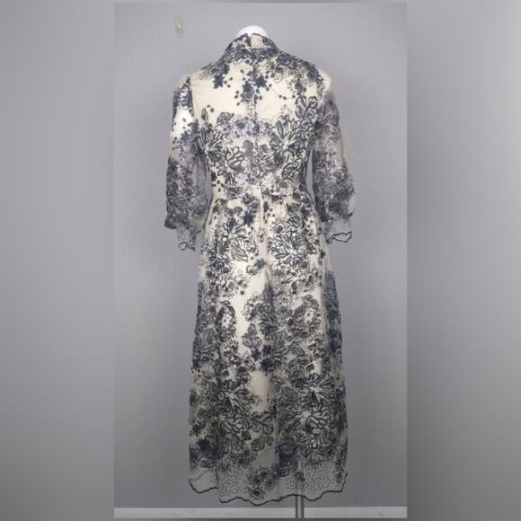 Vicky and Lucas Puff Sleeve Embroidered Floral Black Lace Mesh Dress - Picture 4 of 16